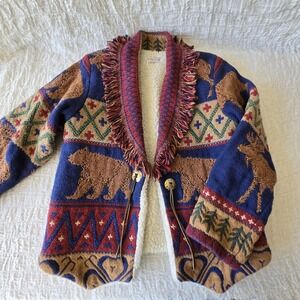 VTG An Original Jans Jems Bears Moose‎ Southwest Tapestry Jacket Sherpa Lined OS